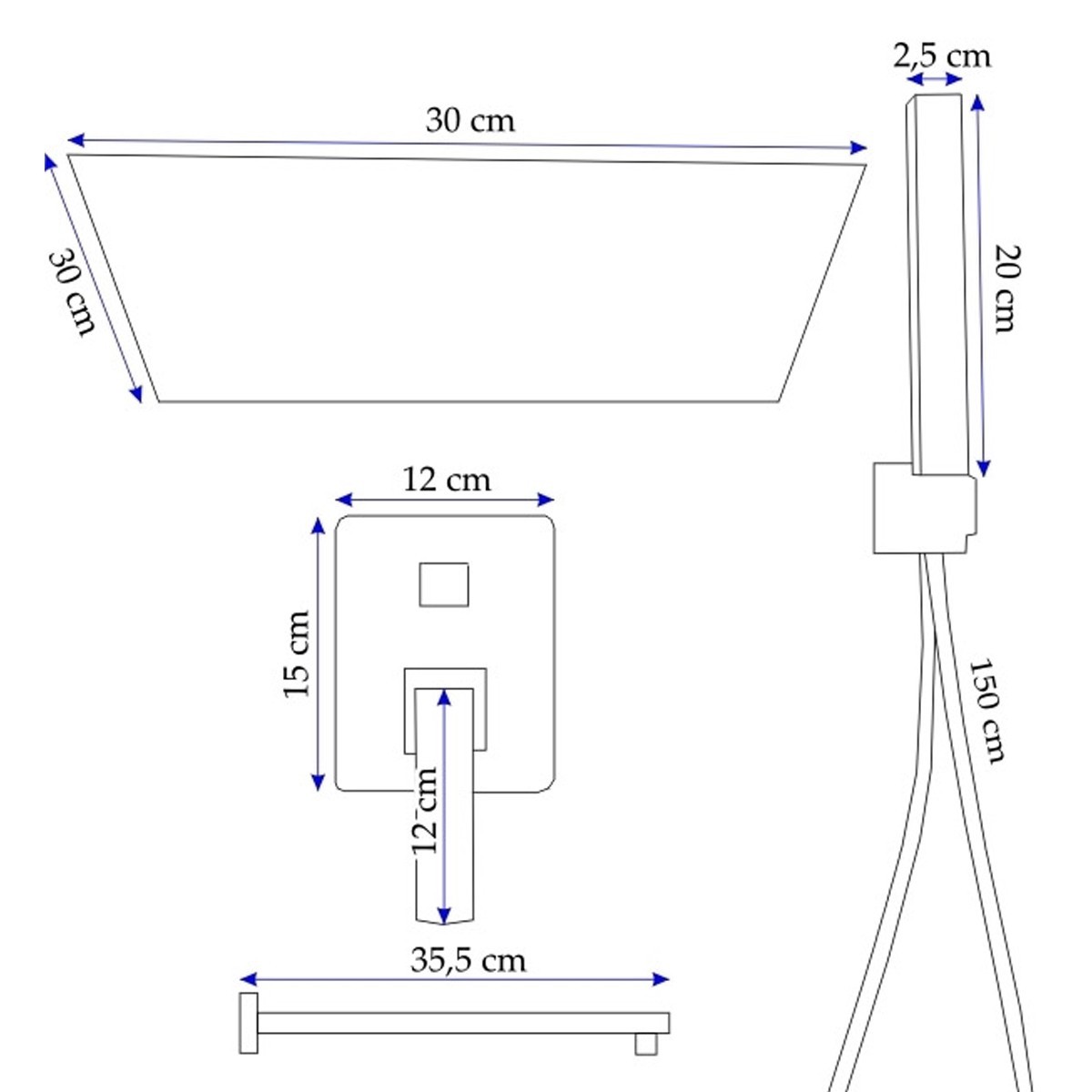 Set doccia incasso nero con soffione quadrato 30x30 | Manara-1