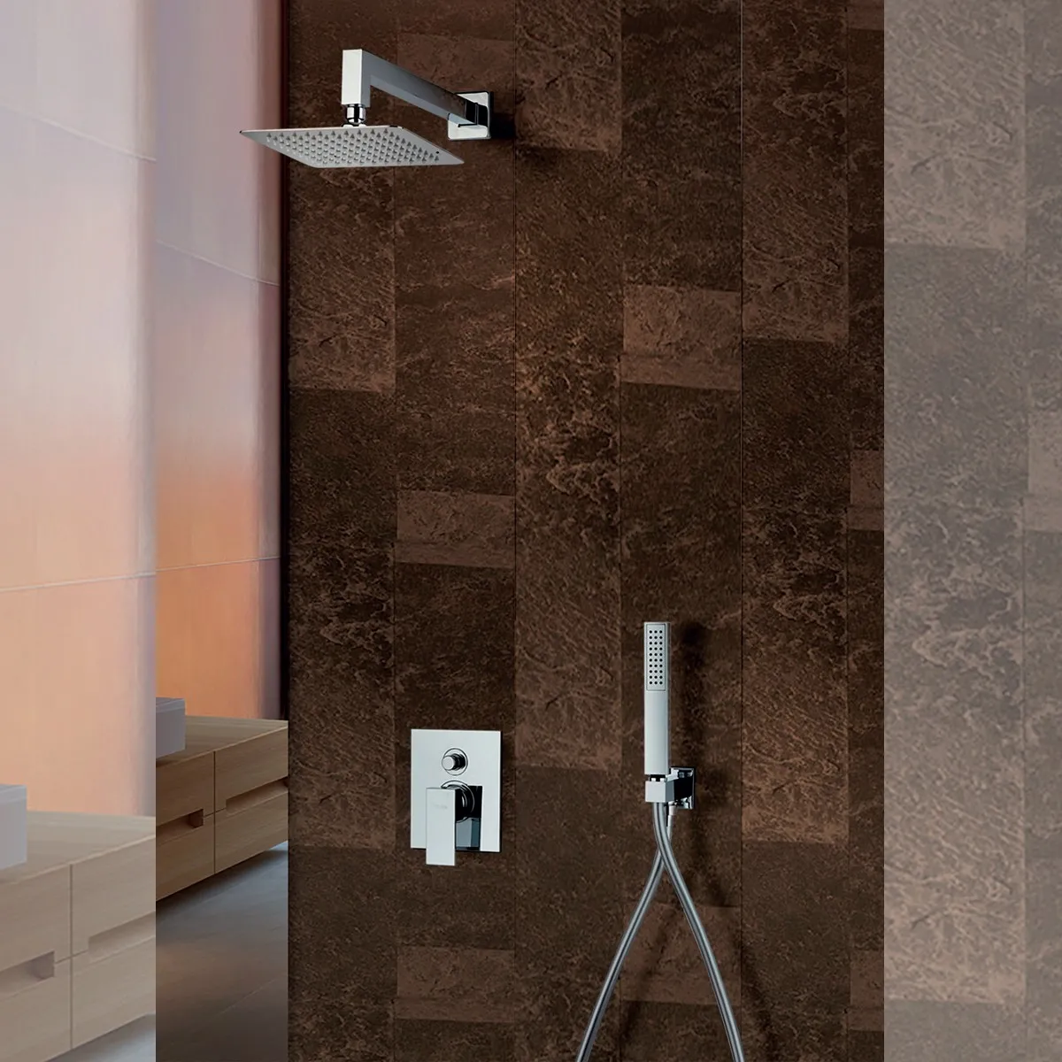 Pommeau de douche carré en ABS avec entrée d'eau chromée...