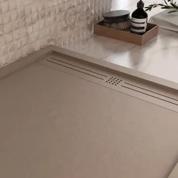 Receveur de douche en résine grise avec trou latéral GRID