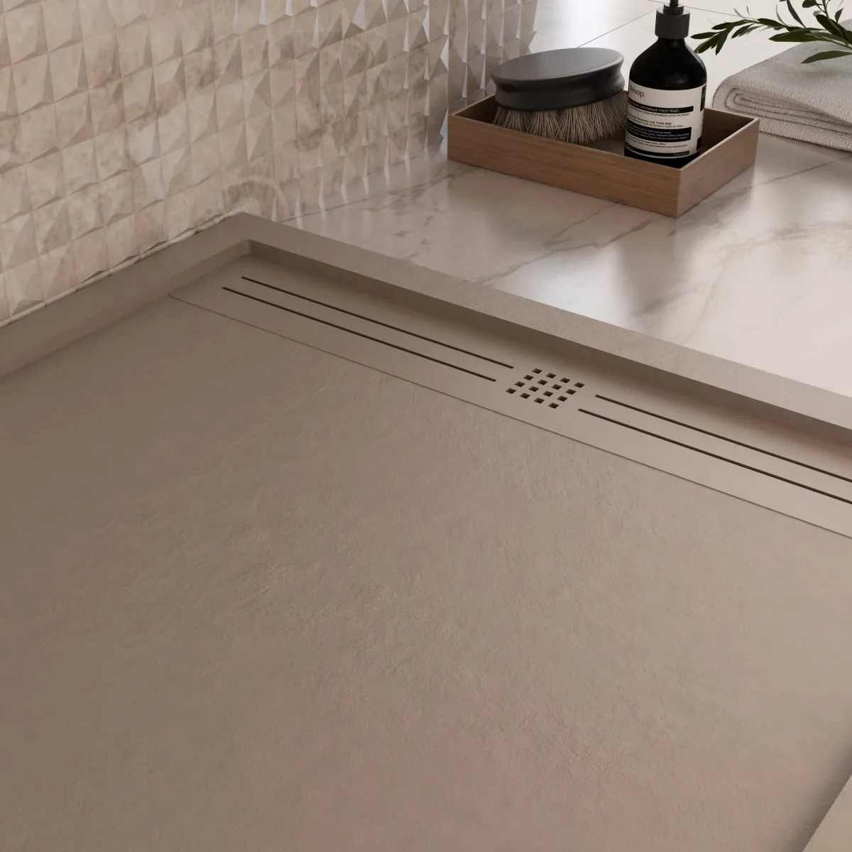 Receveur de douche en résine grise avec trou latéral GRID