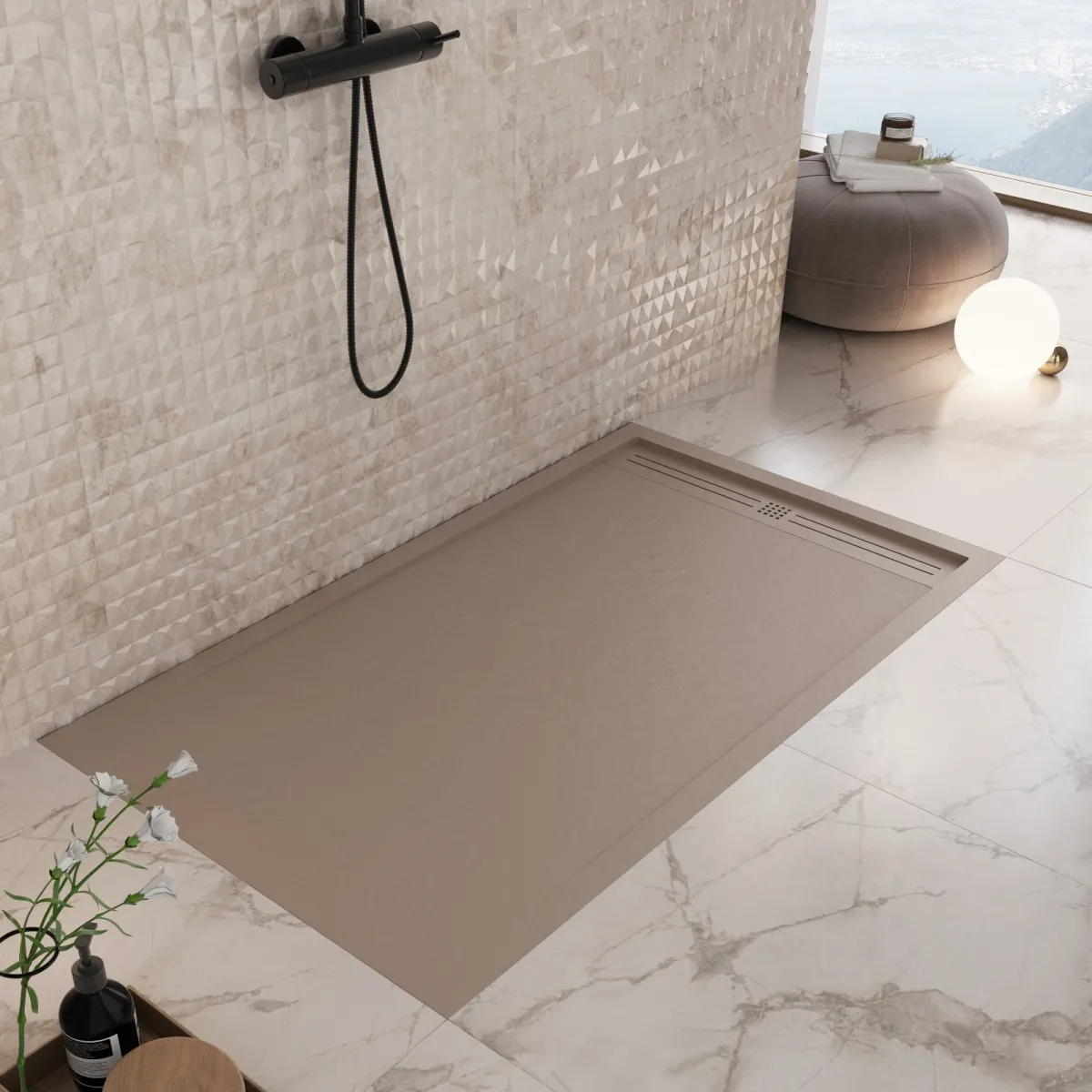 Receveur de douche en résine grise avec trou latéral GRID