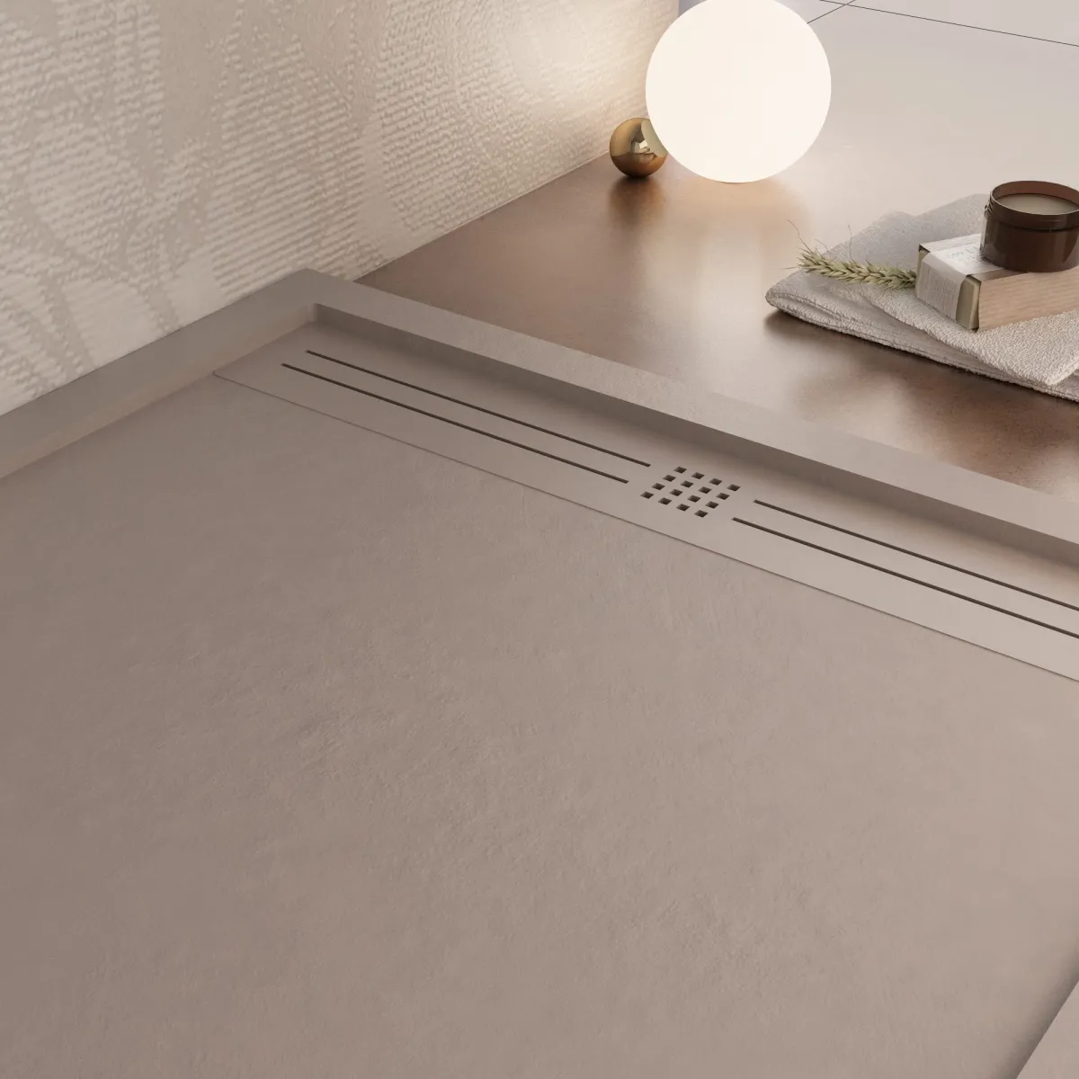 Receveur de douche en résine sable avec trou latéral GRID