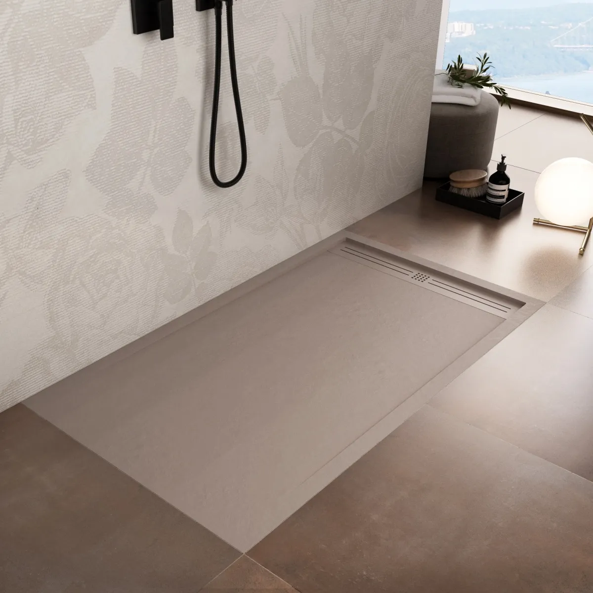 Receveur de douche en résine sable avec trou latéral GRID