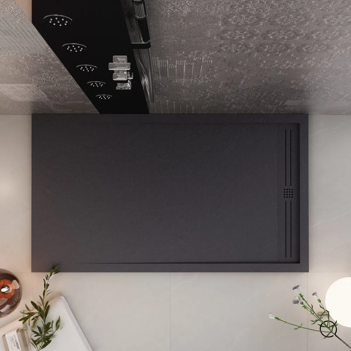 Receveur de douche en résine noire, trou latéral GRID