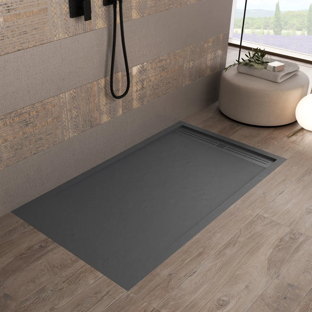 Receveur de douche en résine Dark Grey, trou latéral GRID