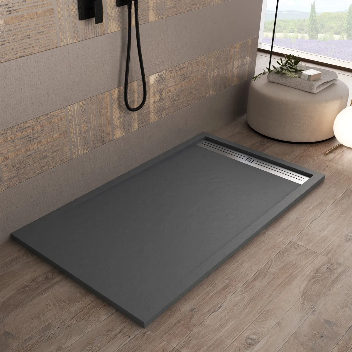 Receveur de douche en résine gris foncé avec sortie latérale RELAX