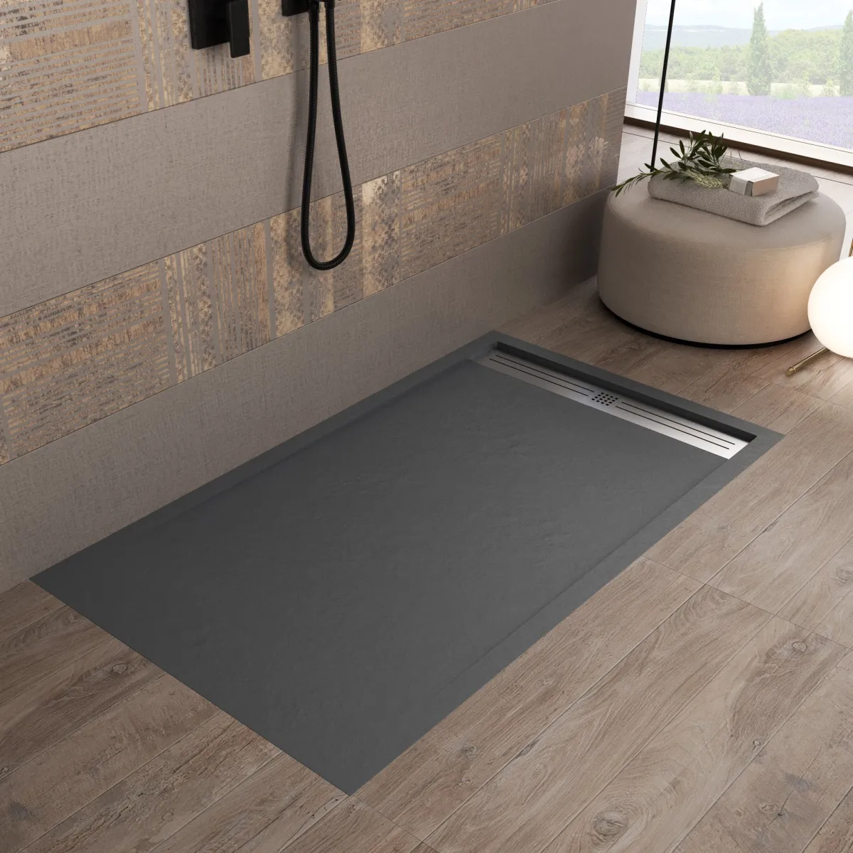 Dunkelgraue Duschwanne aus Kunstharz RELAX mit Seitenablauf