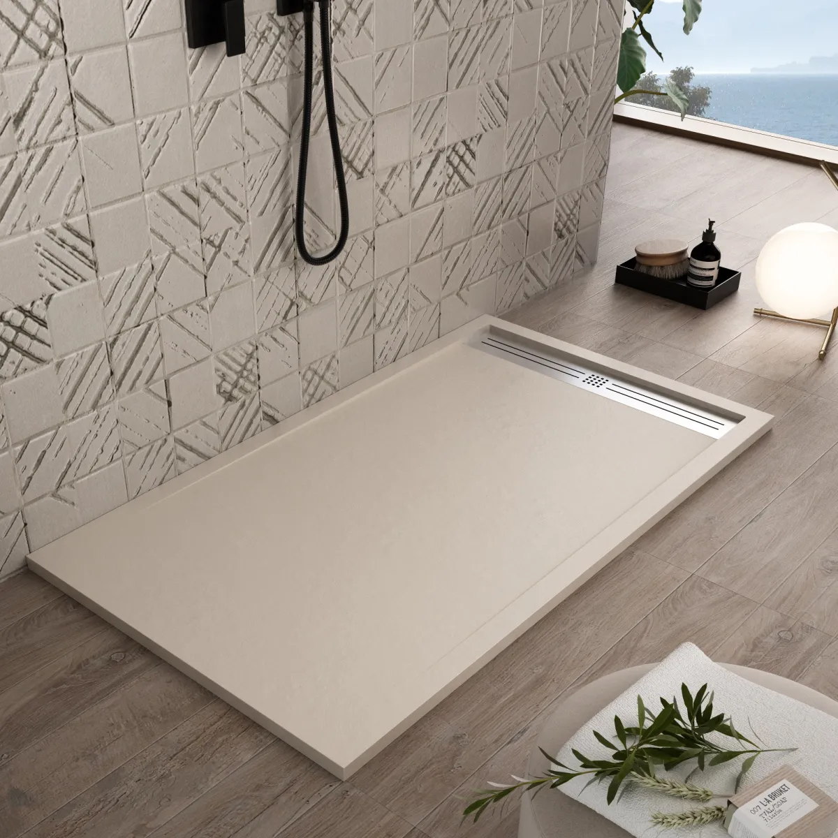 Duschtasse aus cremefarbenem Kunstharz mit Seitenablauf RELAX