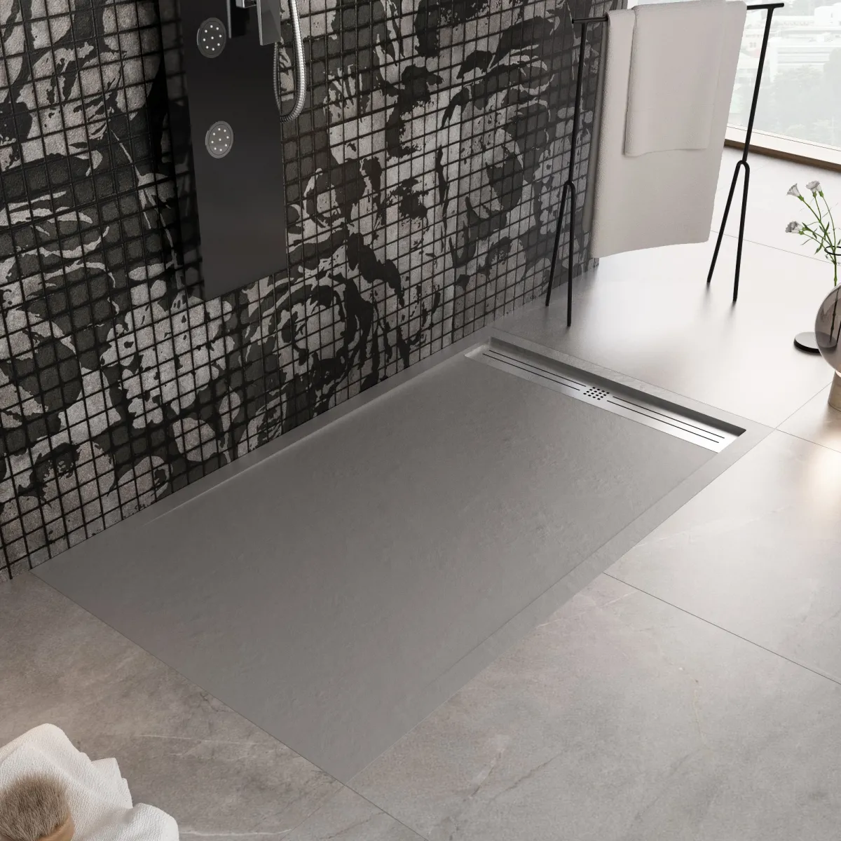 Receveur de douche en résine gris clair avec sortie latérale RELAX