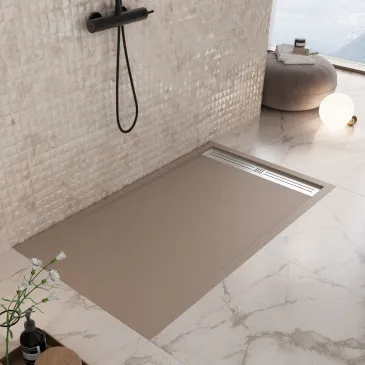Receveur de douche en résine gris tourterelle avec finitions en béton RELAX