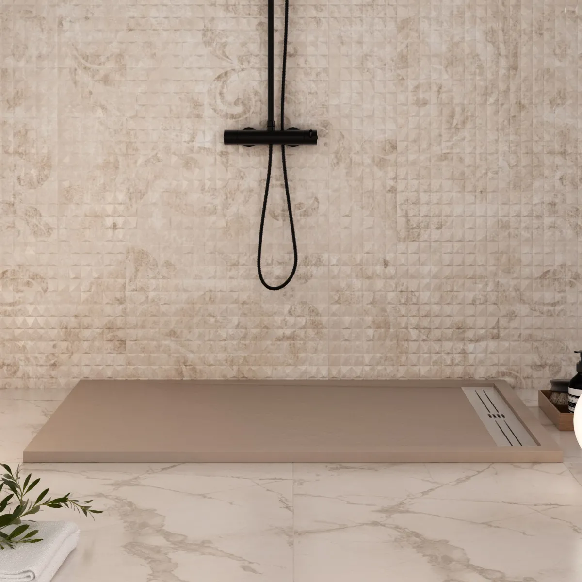 Receveur de douche en résine gris tourterelle avec finitions en béton RELAX