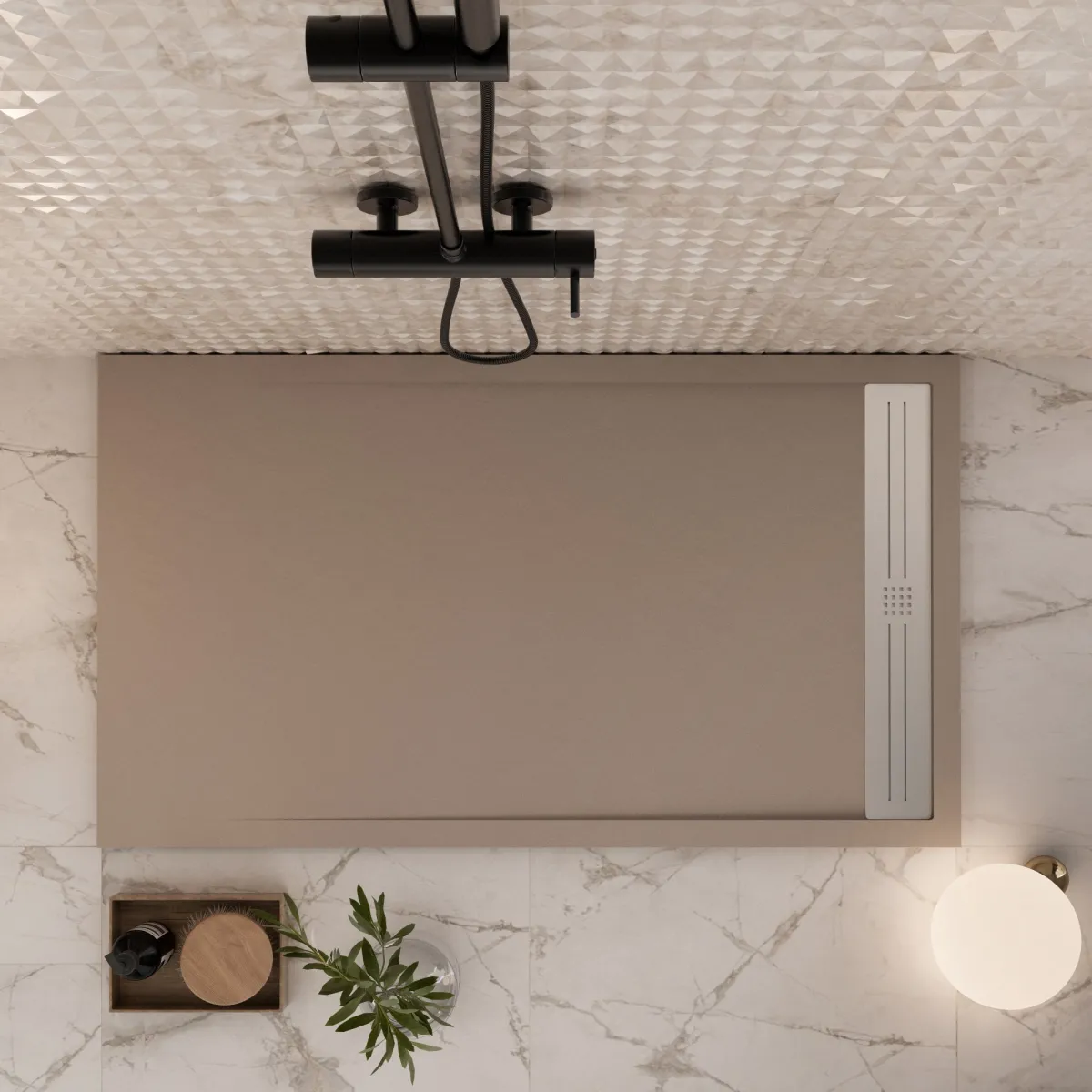 Receveur de douche en résine gris tourterelle avec finitions en béton RELAX