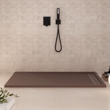 Receveur de douche GRID en résine marron à trou latéral