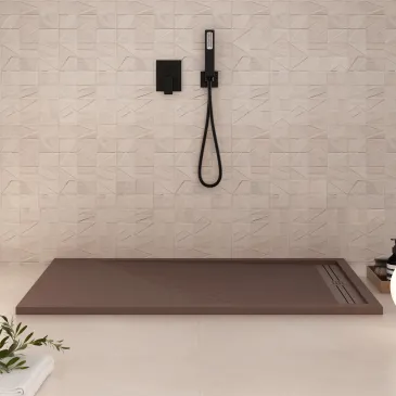 Receveur de douche GRID en résine marron à trou latéral