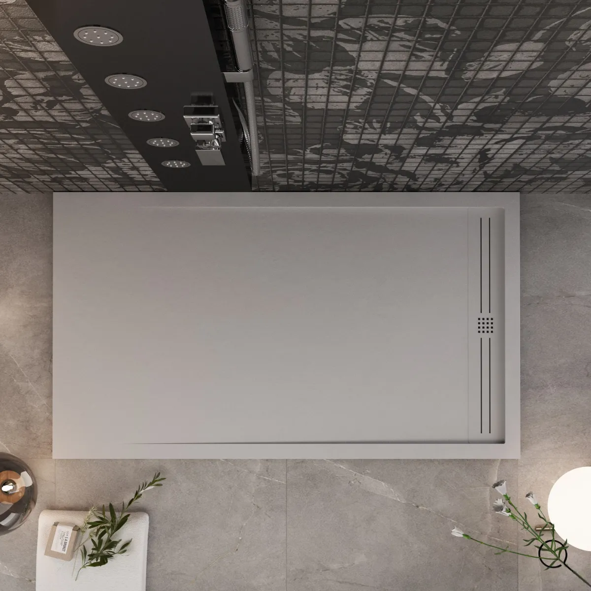 Receveur de douche en résine Gris Clair, trou latéral GRID