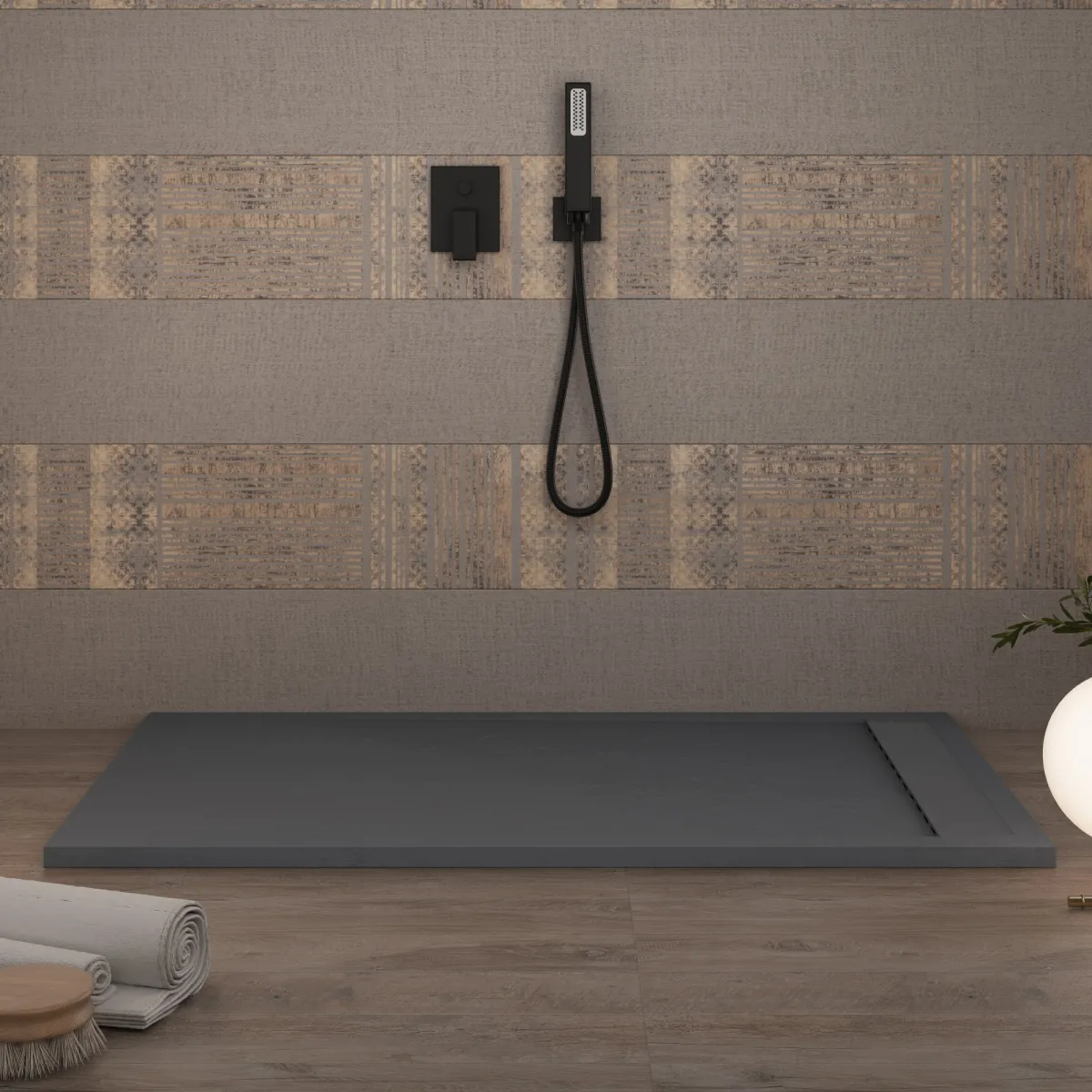 Receveur de douche PRESTIGE en résine gris foncé avec sortie latérale