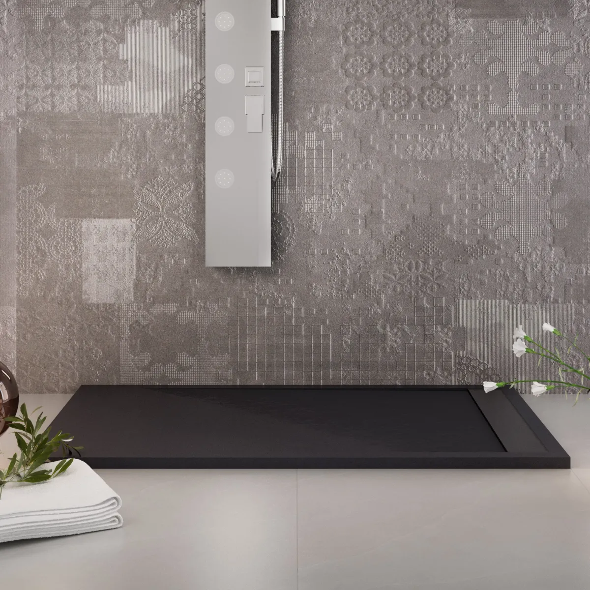 Receveur de douche en résine noire PRESTIGE sortie latérale