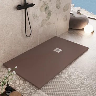 Receveur de douche en résine marron à trou latéral PLUS