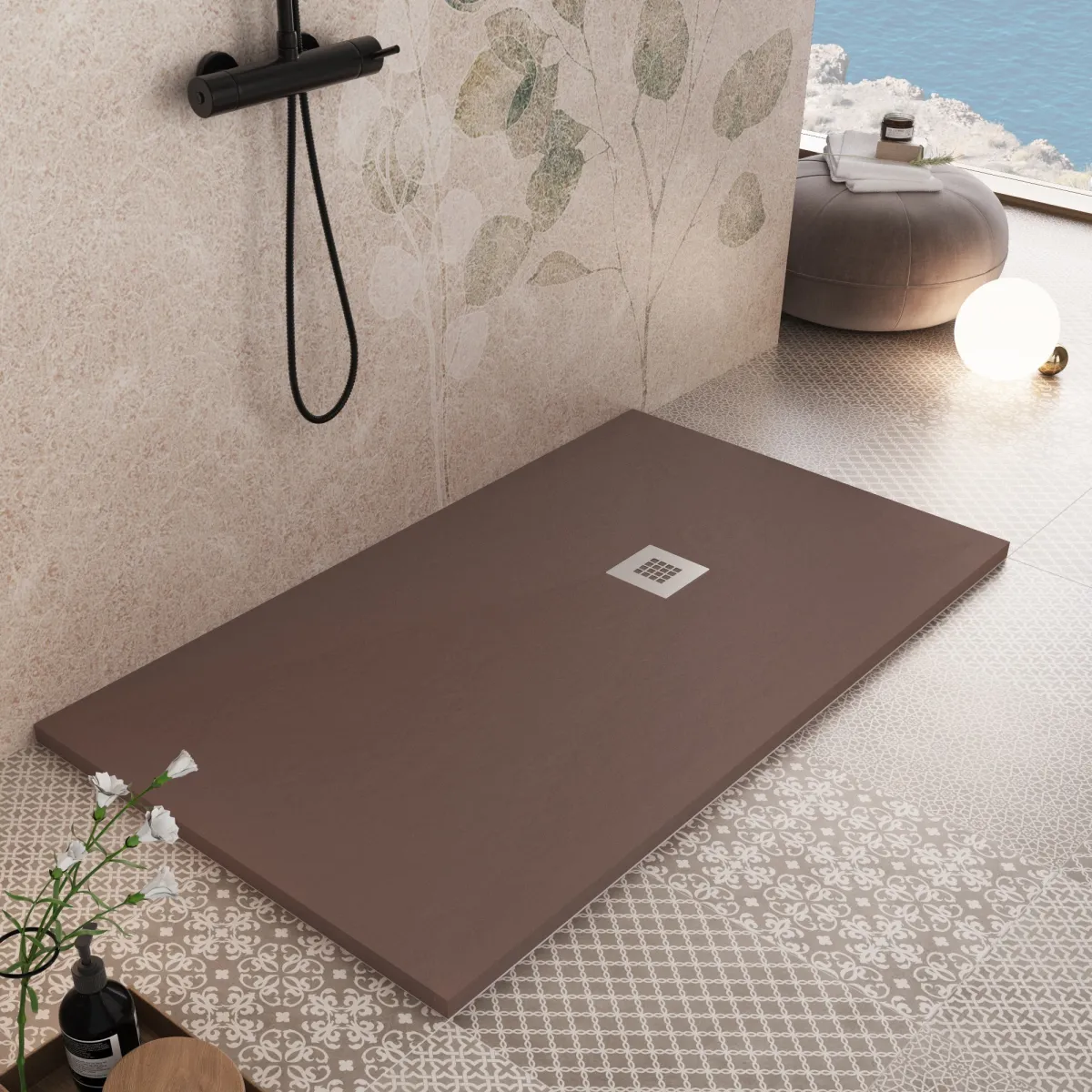 Receveur de douche en résine marron à trou latéral PLUS