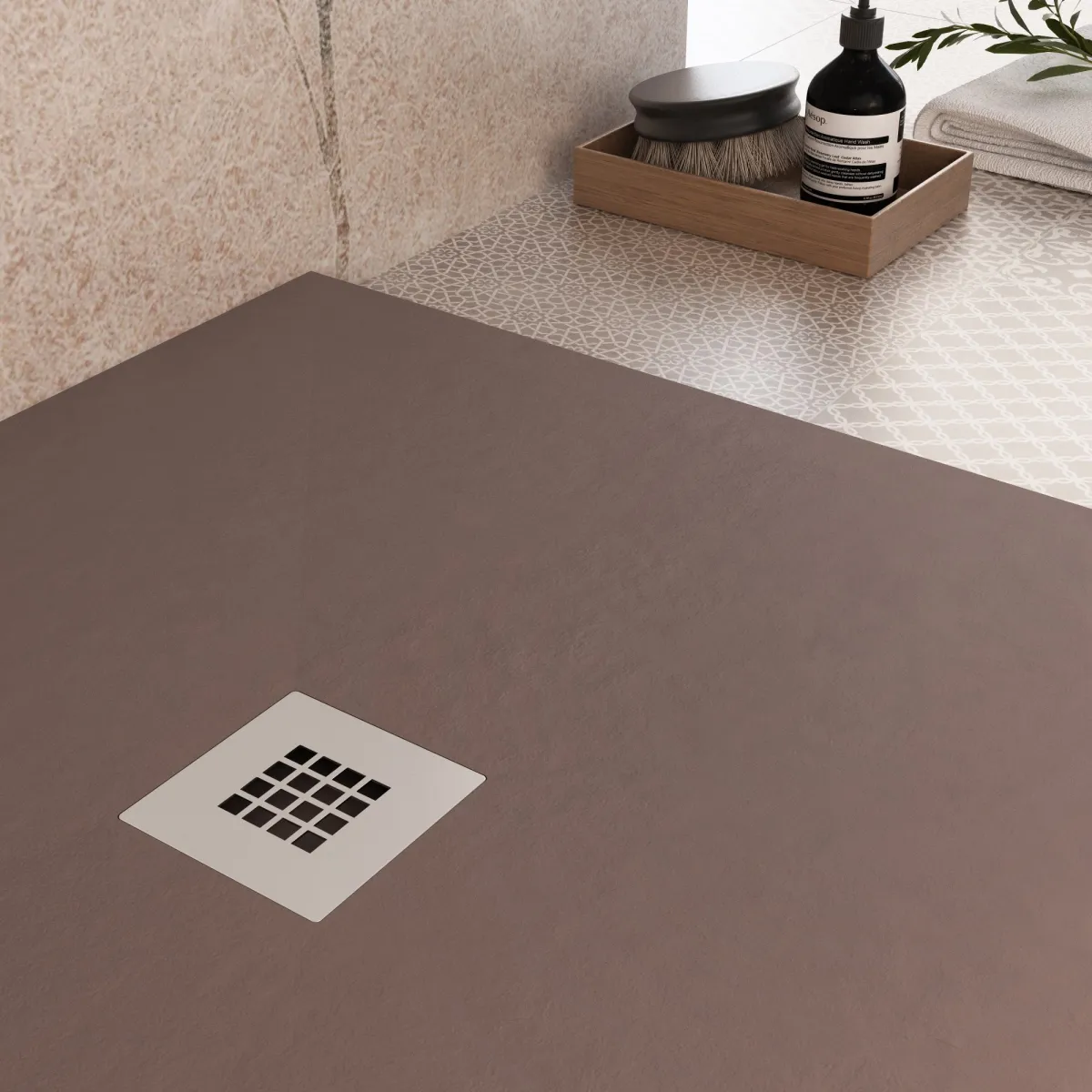 Receveur de douche en résine marron à trou latéral PLUS