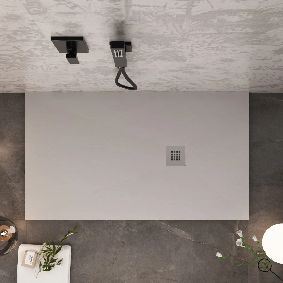 Receveur de douche en résine gris clair à trou latéral PLUS