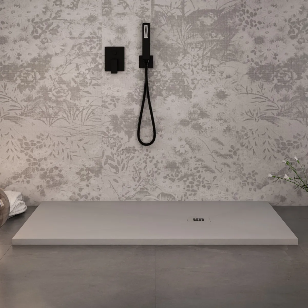 Receveur de douche en résine gris clair à trou latéral PLUS