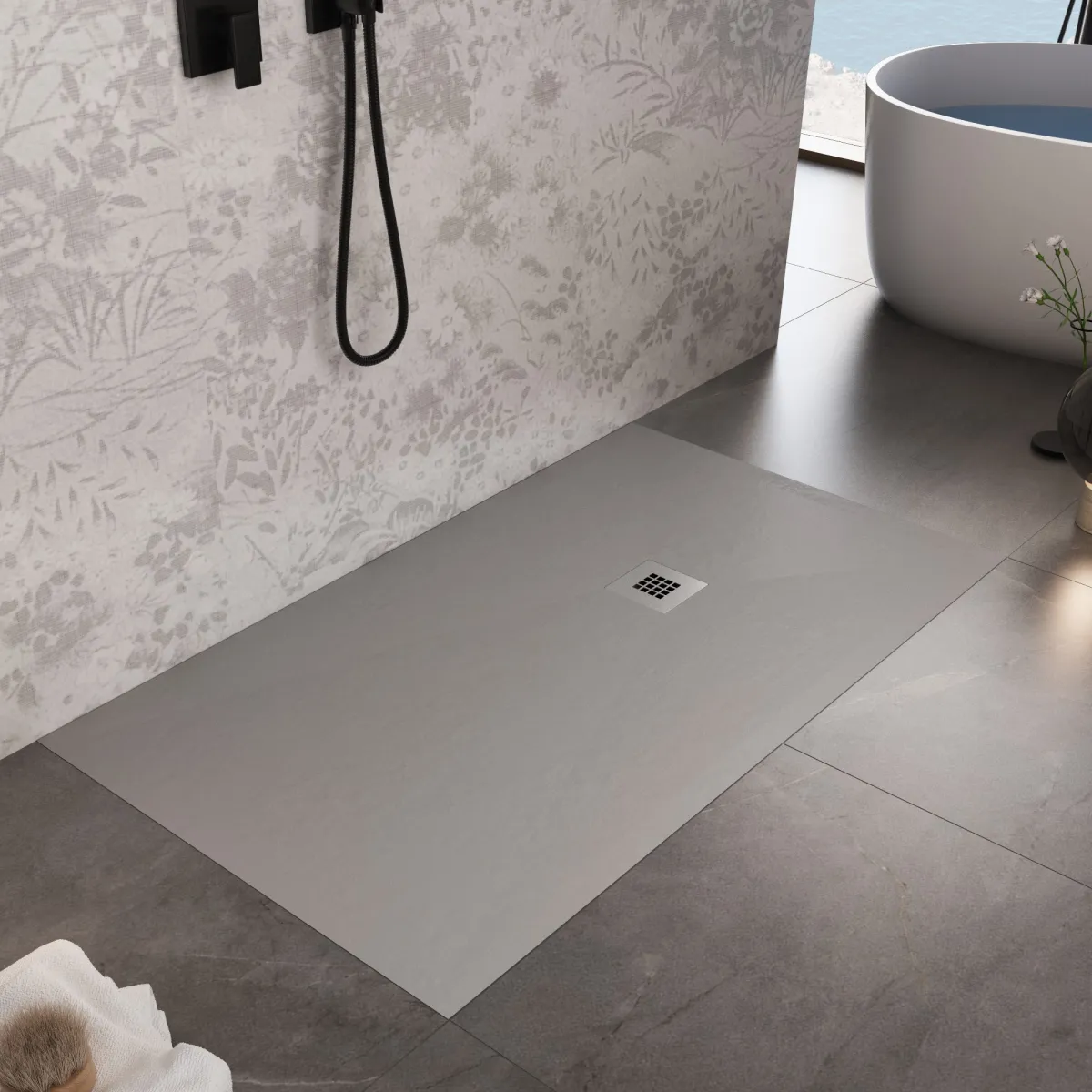 Receveur de douche en résine gris clair à trou latéral PLUS