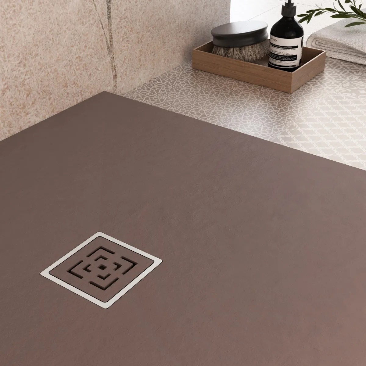 Receveur de douche PASSION en résine marron avec trou latéral