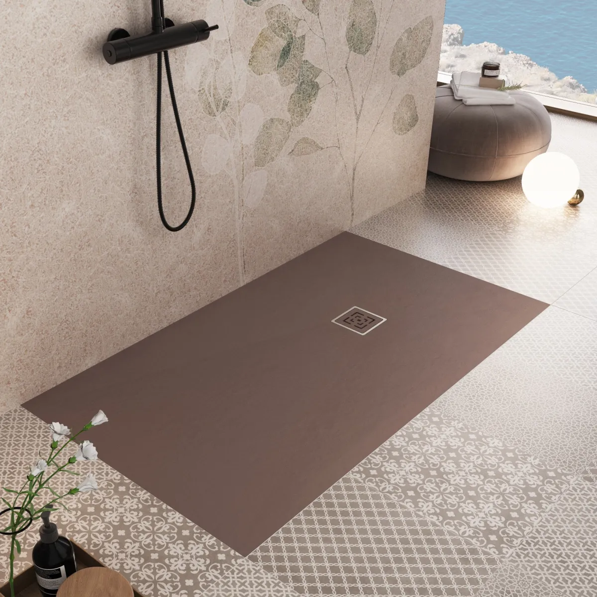 Receveur de douche PASSION en résine marron avec trou latéral