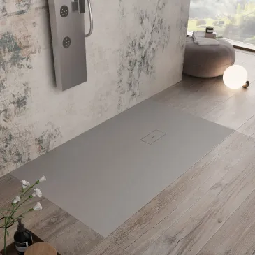 Receveur de douche en résine gris clair avec trou latéral MAKA