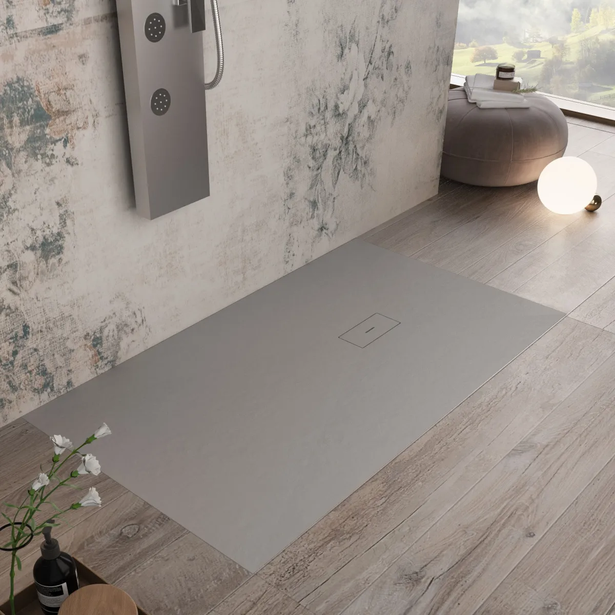 Receveur de douche en résine gris clair avec trou latéral MAKA