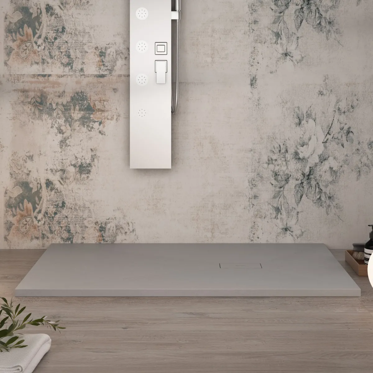 Receveur de douche en résine gris clair avec trou latéral MAKA