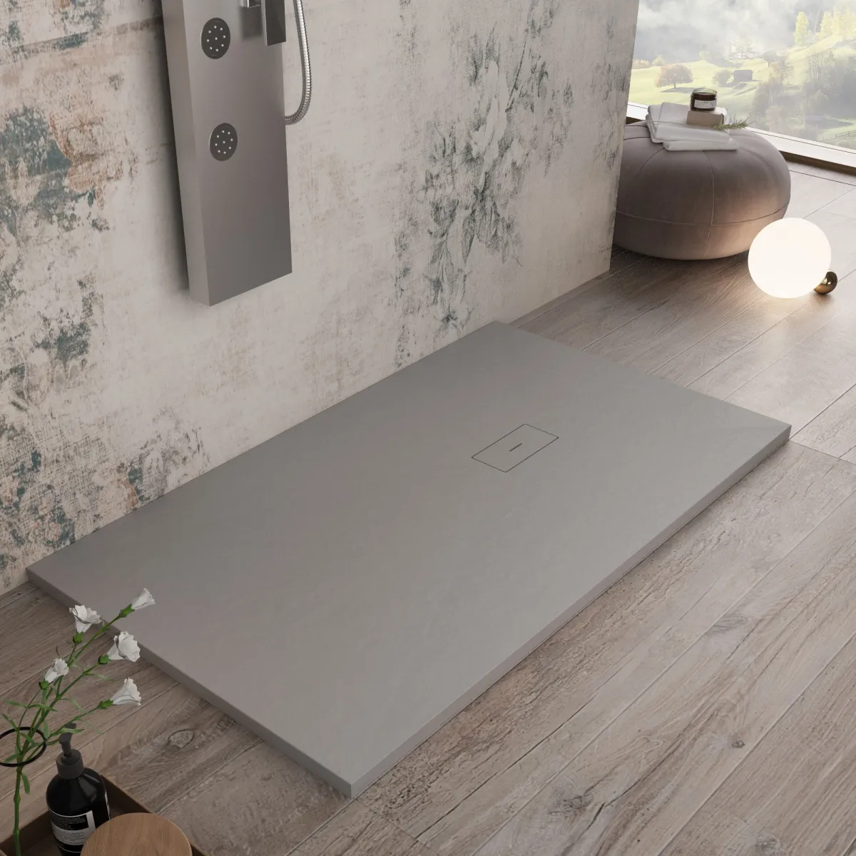 Receveur de douche en résine gris clair avec trou latéral MAKA