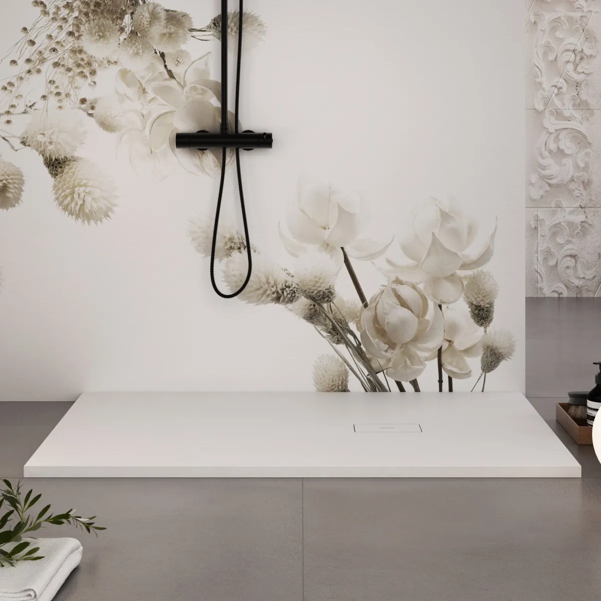 Receveur de douche en résine blanche avec trou latéral MAKA