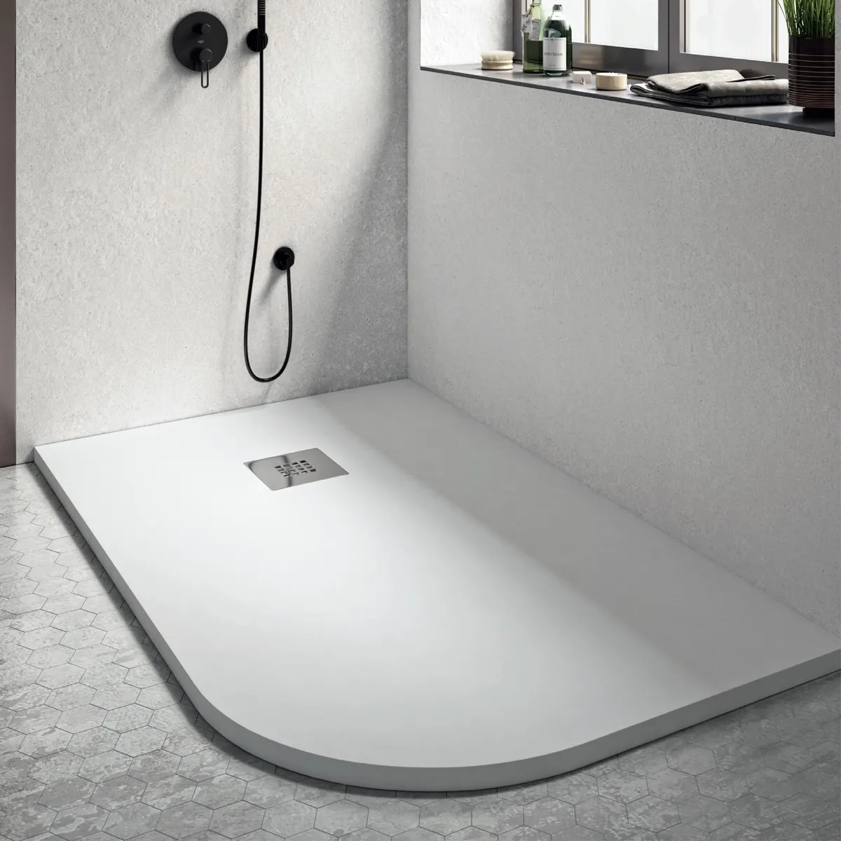 Piatto doccia semicircolare 90x70 70x90 in marmoresina assimmetrico