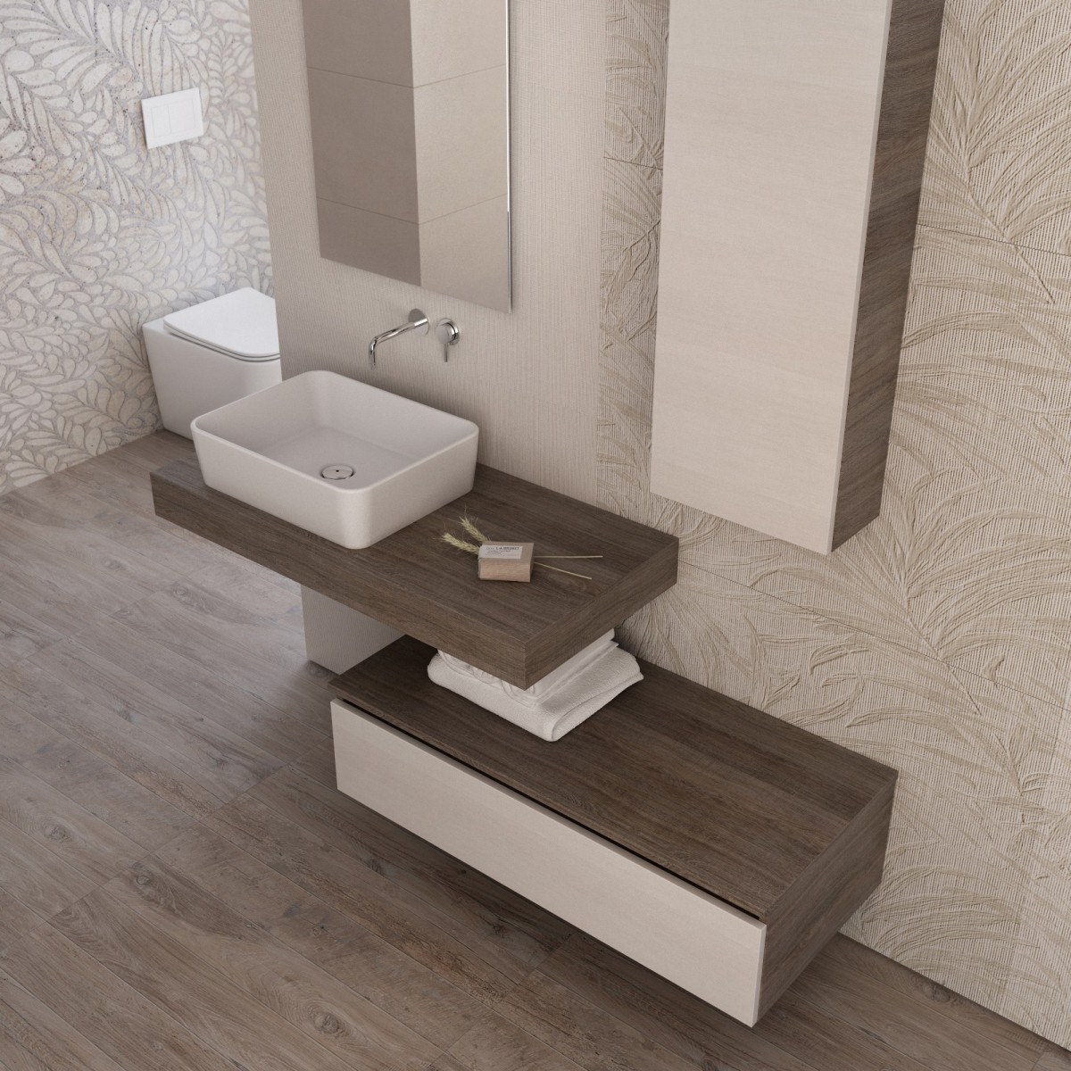 Composition de salle de bain suspendue avec cuvette sur étagère | Duo-750