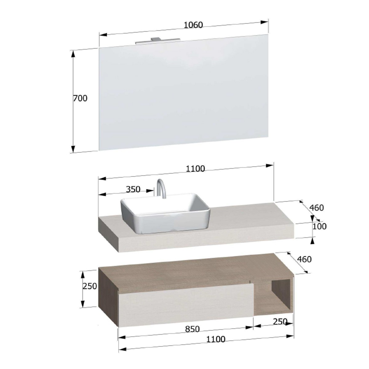 Composizione Bagno Sospesa da 110cm legno Rovere Duo-751