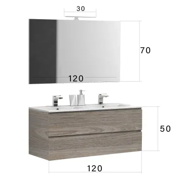120 cm langer hängender Badezimmerschrank mit Doppelwaschbecken aus Eiche