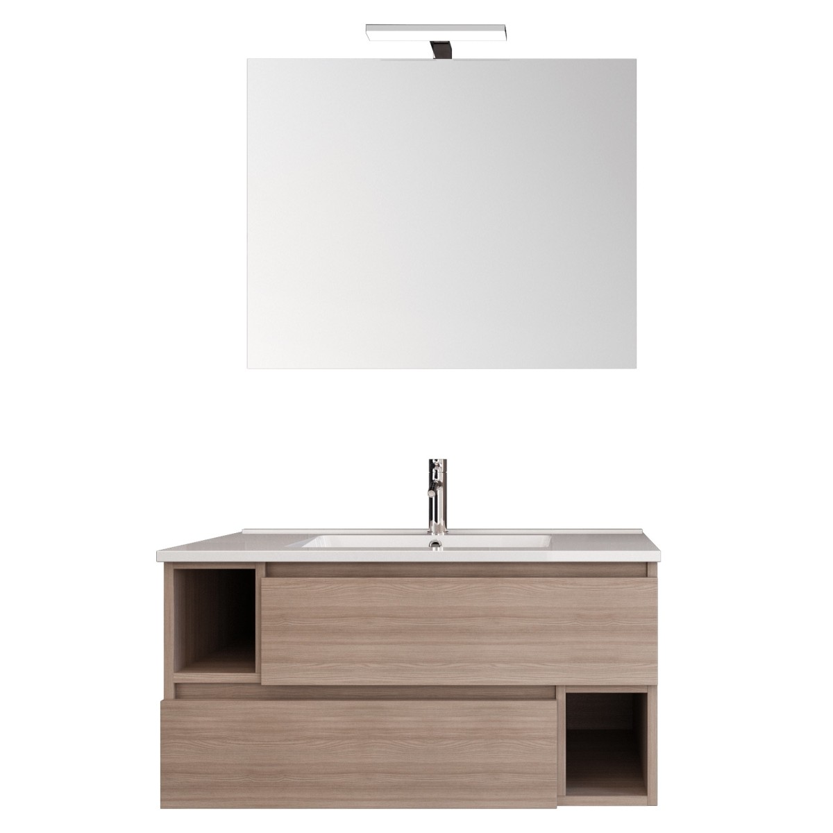 Meuble suspendu 90 cm couleur bois d'orme, lavabo en céramique MOOD-755