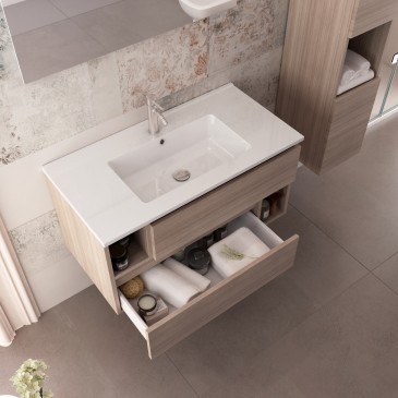 Meuble suspendu 90 cm couleur bois d'orme, lavabo en céramique MOOD-755