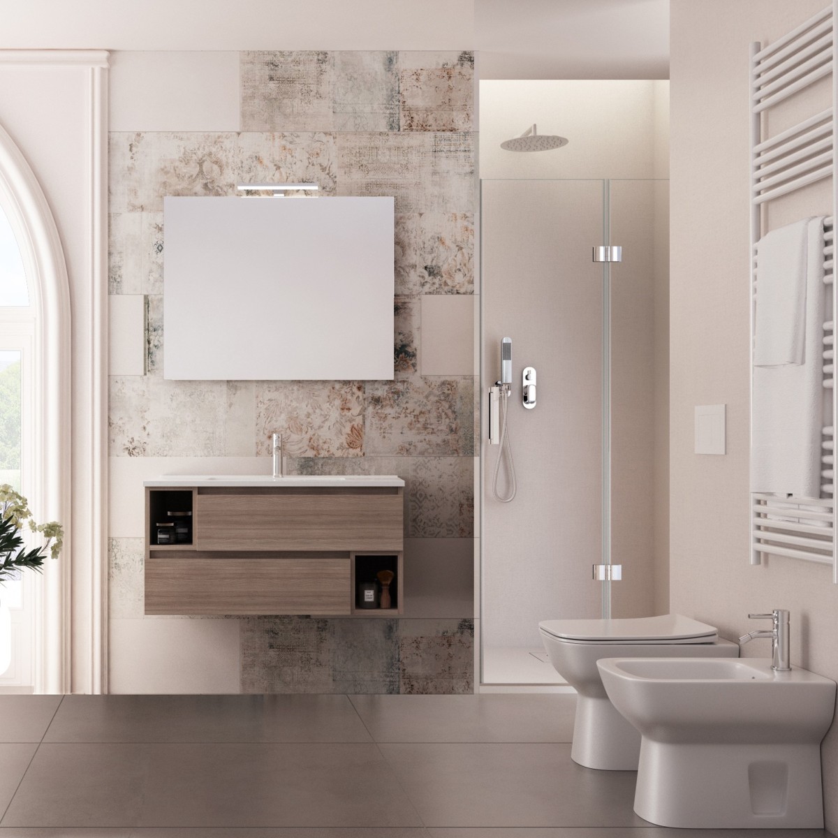 Meuble suspendu 90 cm couleur bois d'orme, lavabo en céramique MOOD-755