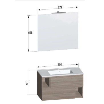 Meuble suspendu 90 cm couleur bois d'orme, lavabo en céramique MOOD-755