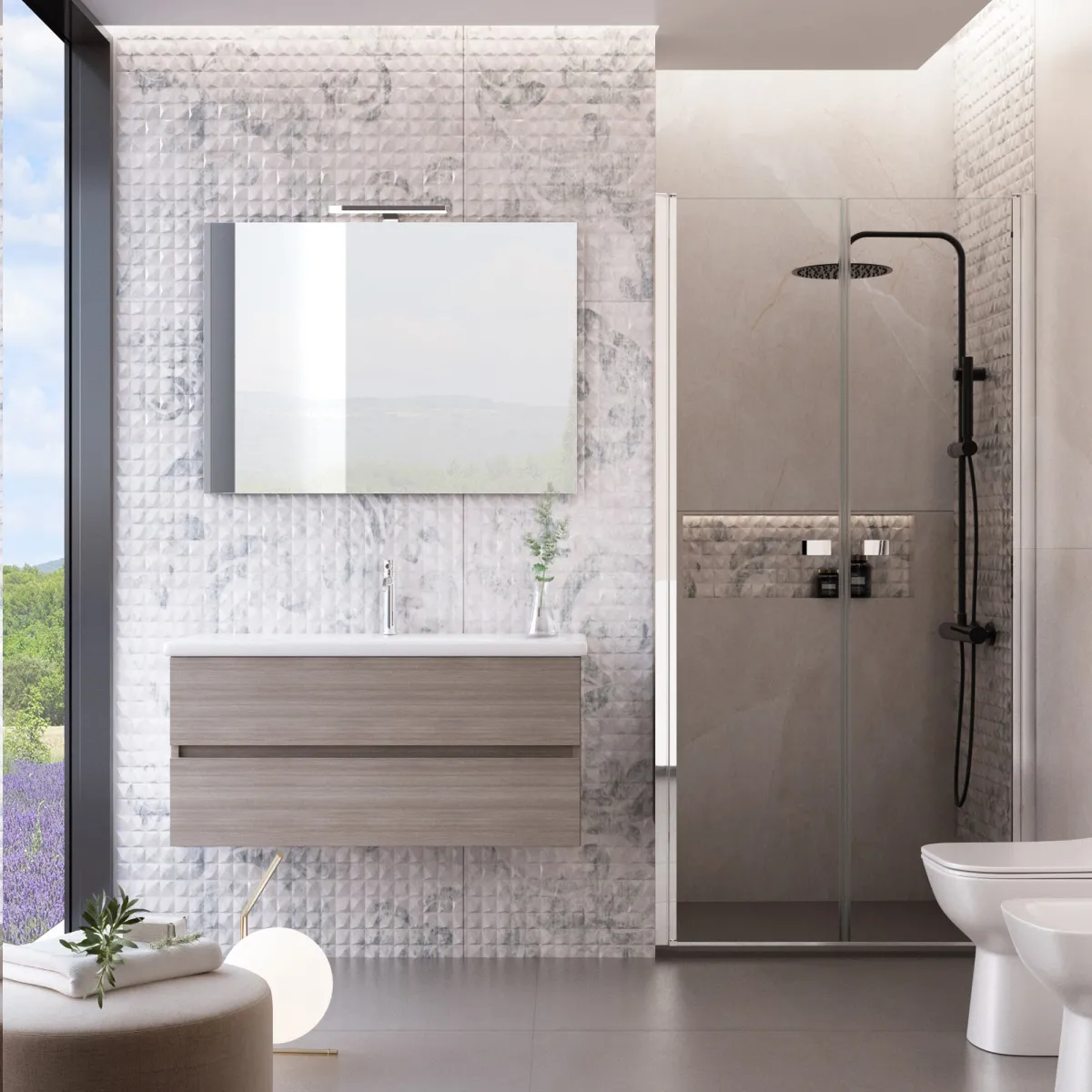 Hängender Badezimmerschrank 100 cm Ulme Terra mit Keramikwaschbecken MOOD-756