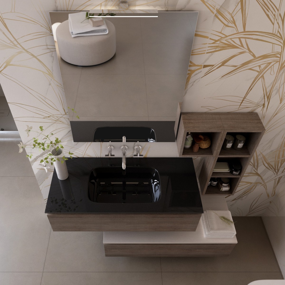 Mobile bagno sospeso rovere scuro con lavandino nero in vetro