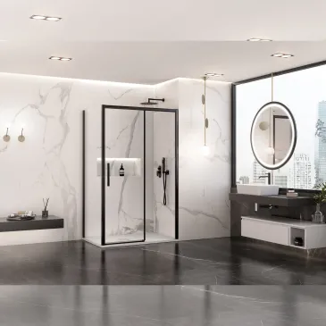 Cabine de douche double face avec profilés noirs LAGOA verre transparent 6 mm