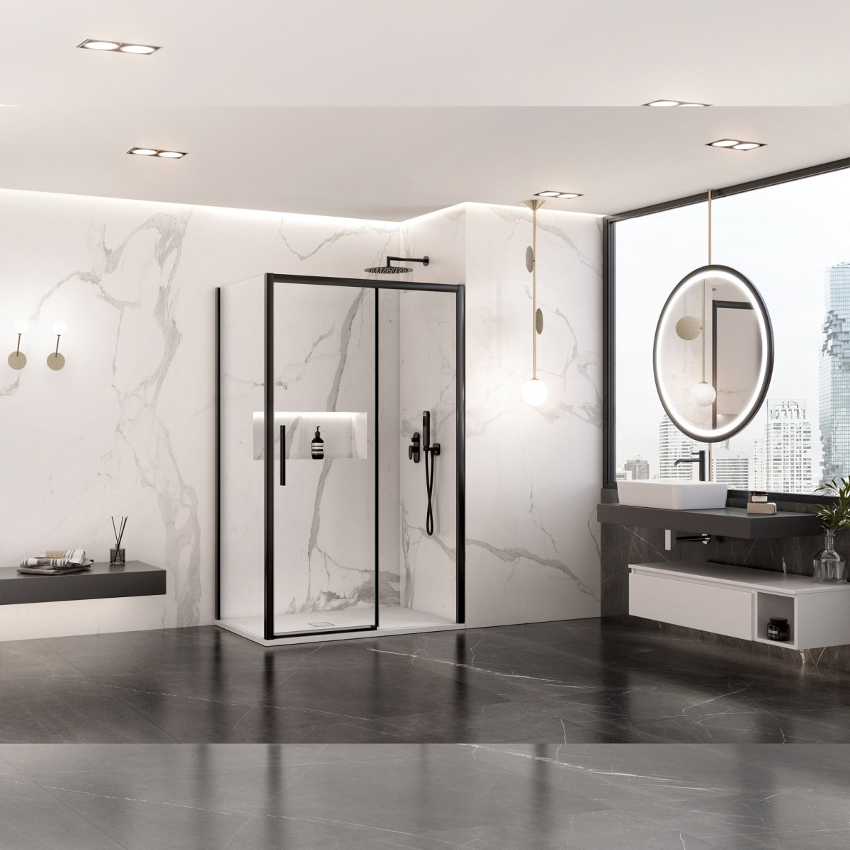 Doppelseitige Duschkabine mit schwarzen Profilen aus 6 mm...