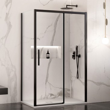 Cabine de douche double face avec profilés noirs LAGOA verre transparent 6 mm