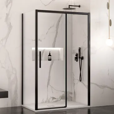 Doppelseitige Duschkabine mit schwarzen Profilen aus 6 mm starkem, transparentem LAGOA-Glas