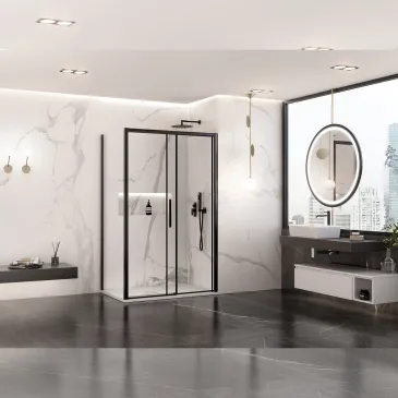 Ambientazione bagno moderno con box doccia a due lati nero opaco Lagoa Duo, perfetto per rivestimenti tipo cemento o mattoni.