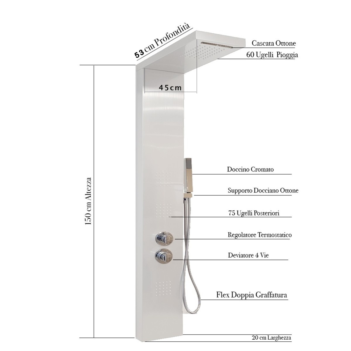 Colonna Pannello Idromassaggio Bianca termostatica | Diamond White